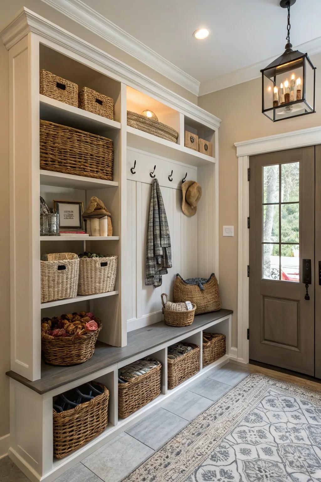 Fashionable storage solutions help keep the entrance organized and clutter-free.