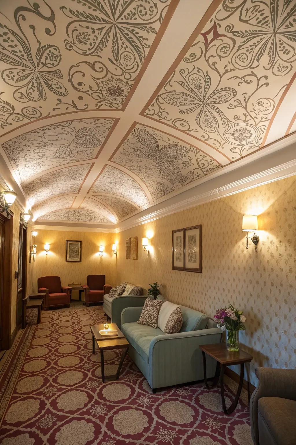 A cozy room showcasing a beautifully patterned wallpapered ceiling.