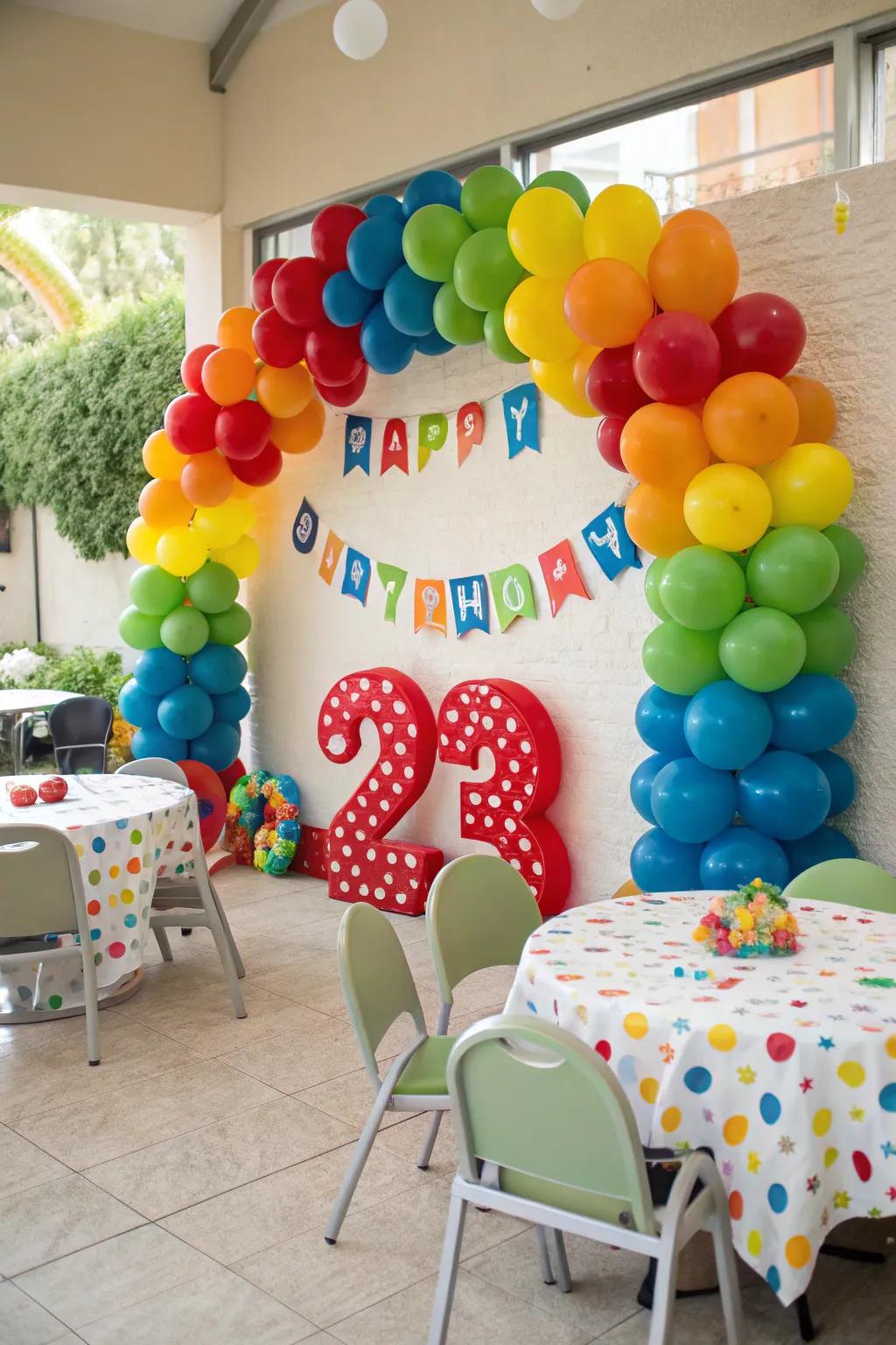 Themed balloon decorations provide a distinctive touch to a birthday celebration.