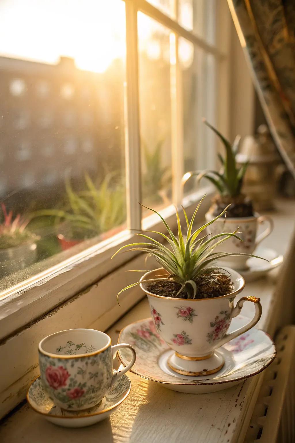 Vintage tea cups displaying air plants create a whimsical touch.