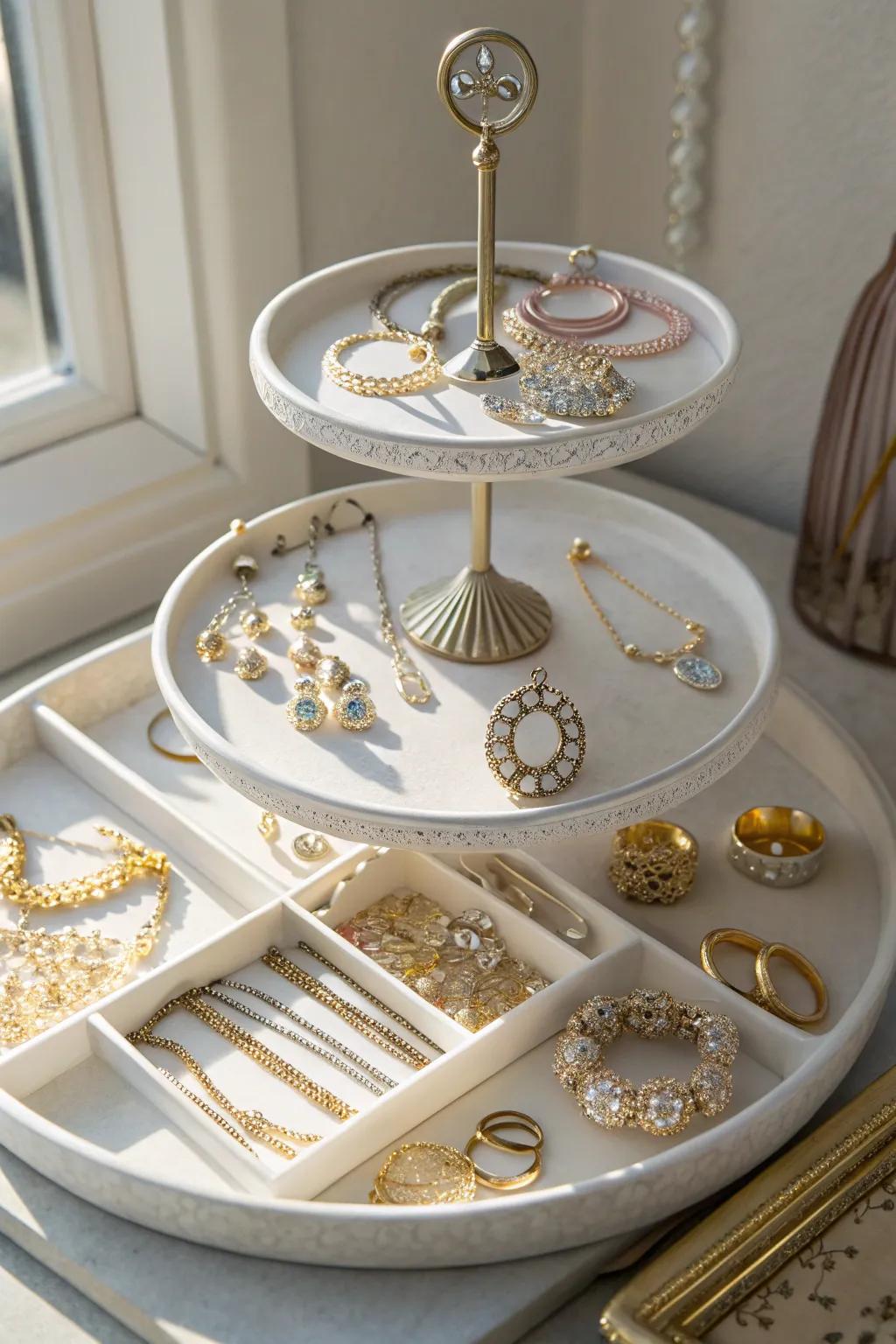 Tiered trays offer elegant jewelry storage solutions.