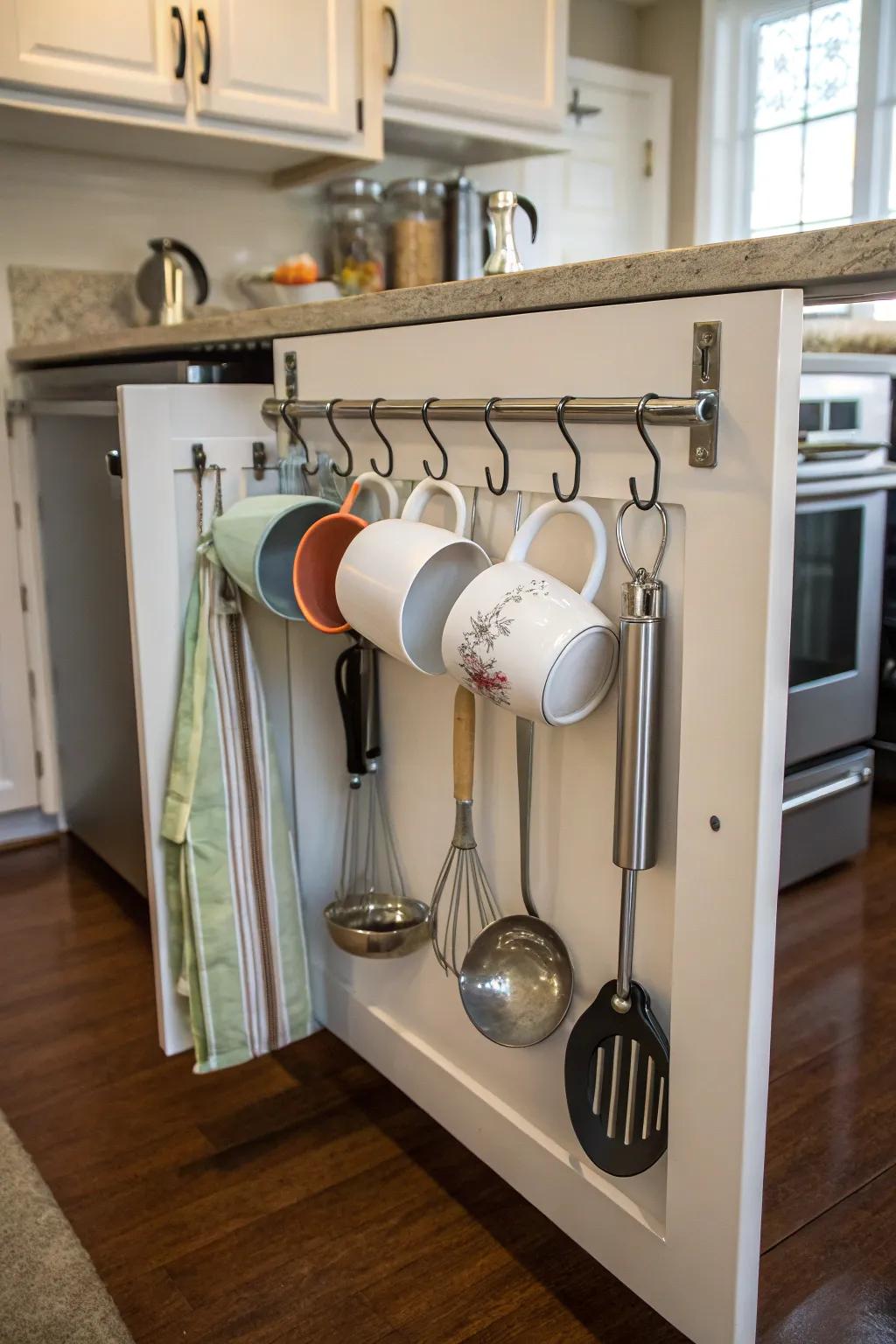 Hooks and racks maximize the space on cabinet doors.