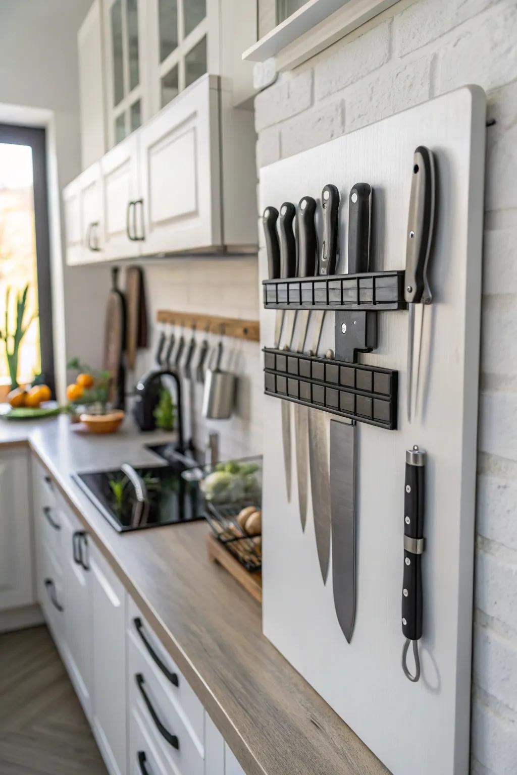 Magnetic strips for an elegant and useful utensil display.
