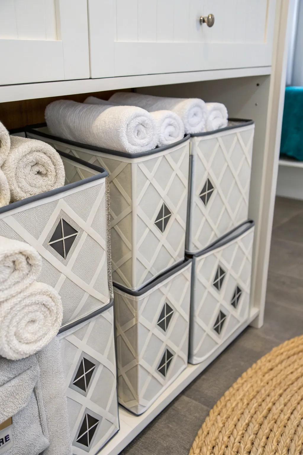 Box cell storage keeps your towels neat and stylish.