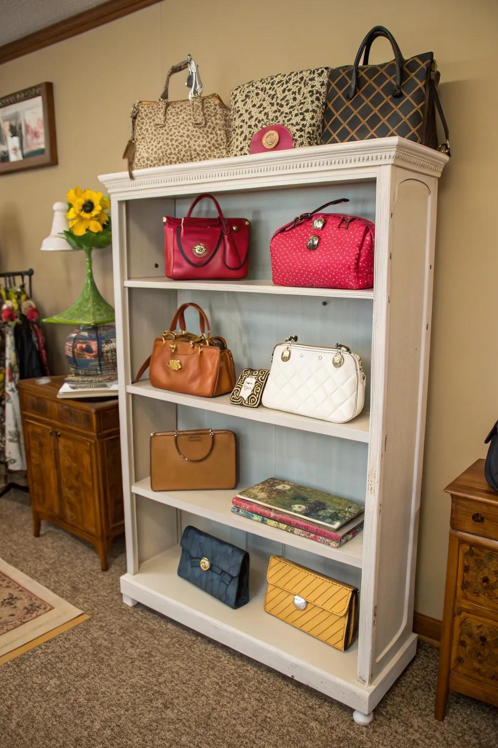 A bookshelf repurposed into a trendy purse display.