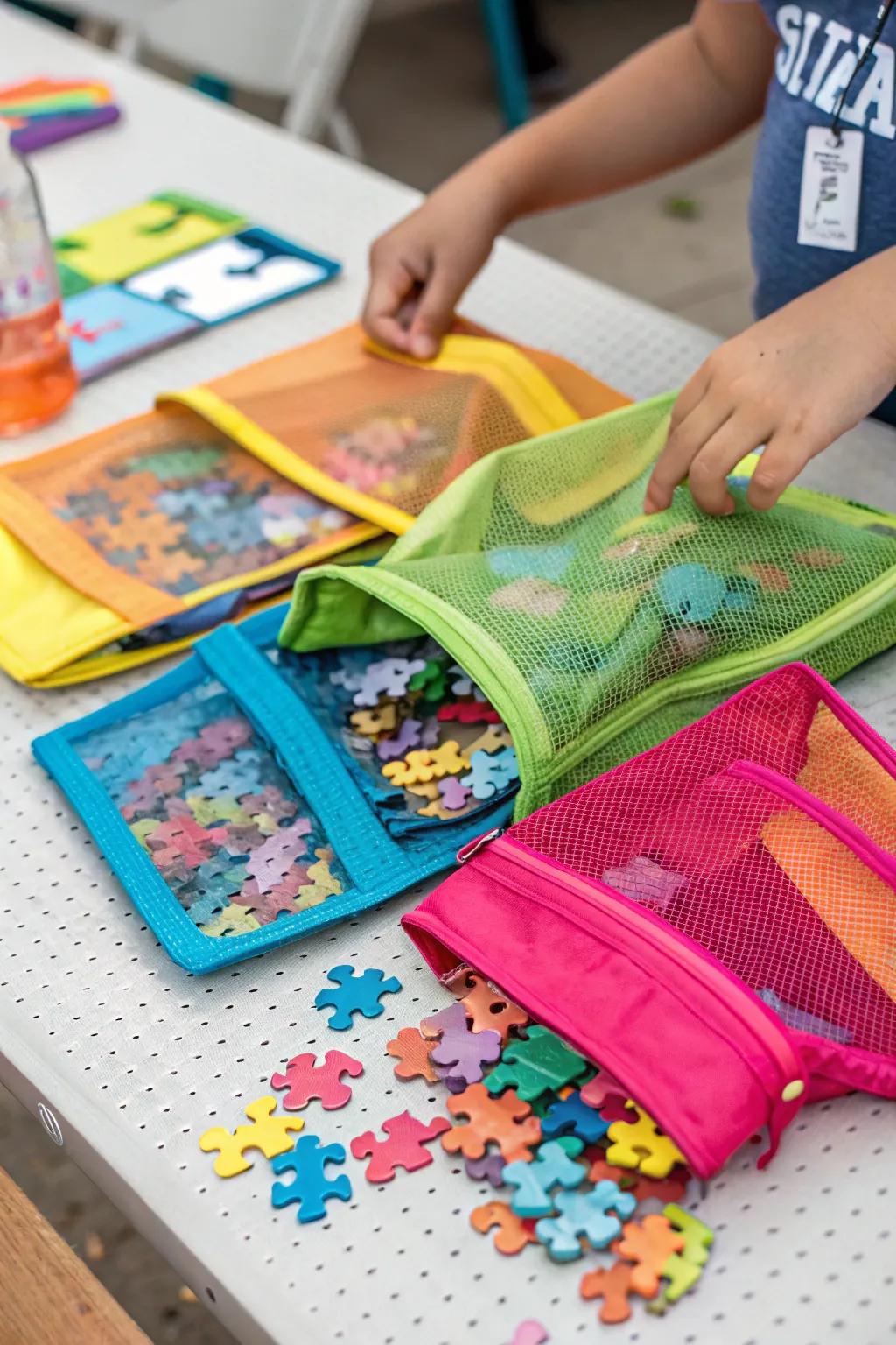 Mesh pouches used to organize puzzle pieces effectively.