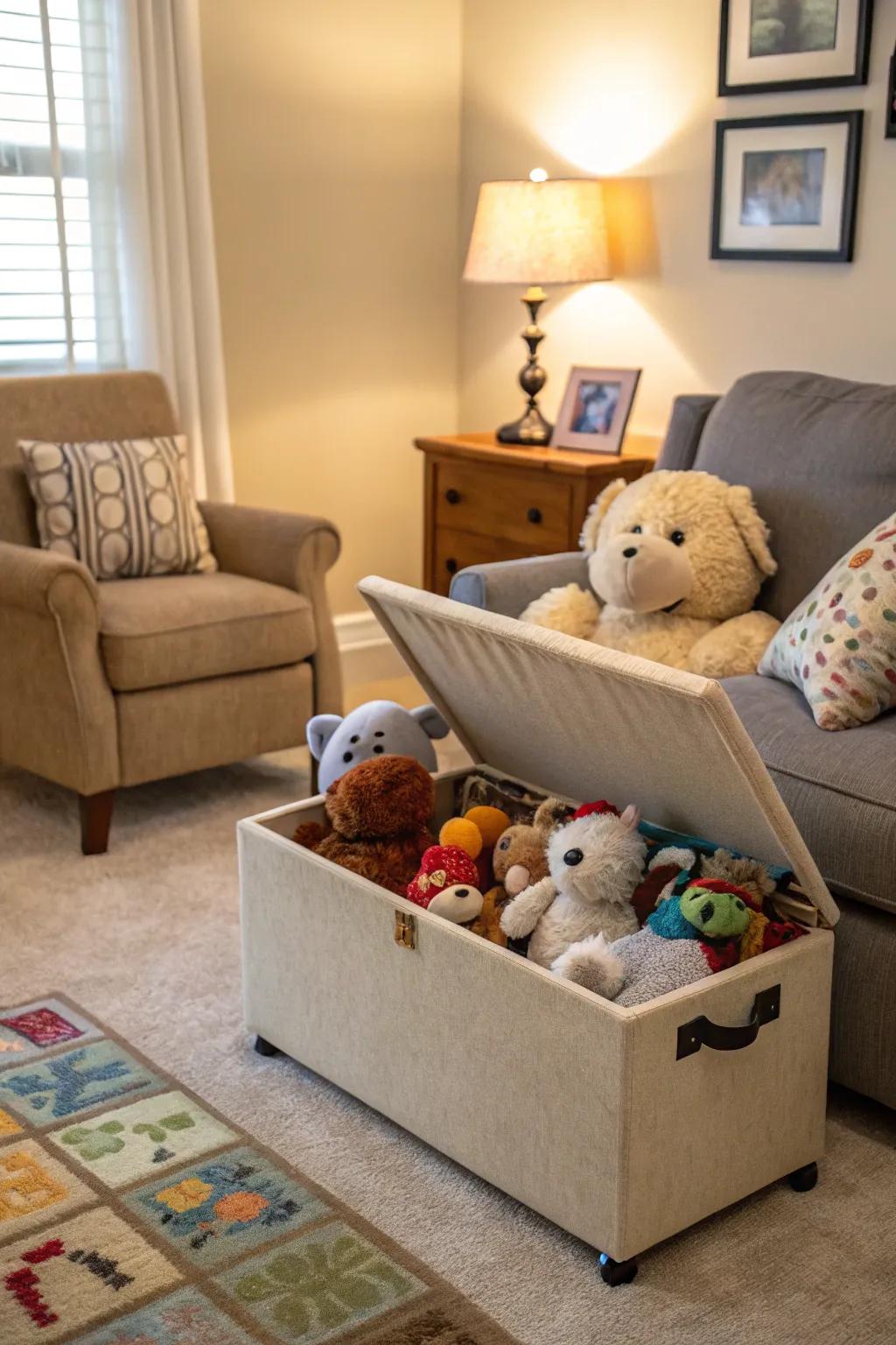 A storage bench delivers concealed storage and additional seating.