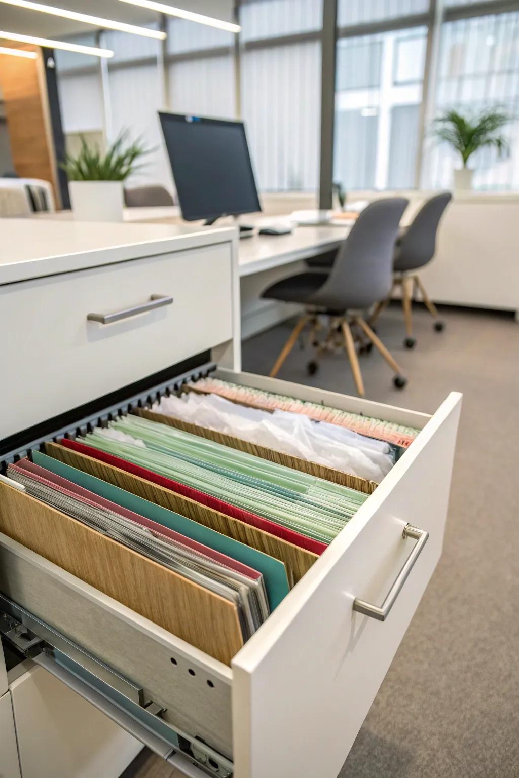 Suspended document folders maintain organized and flat tissue paper.