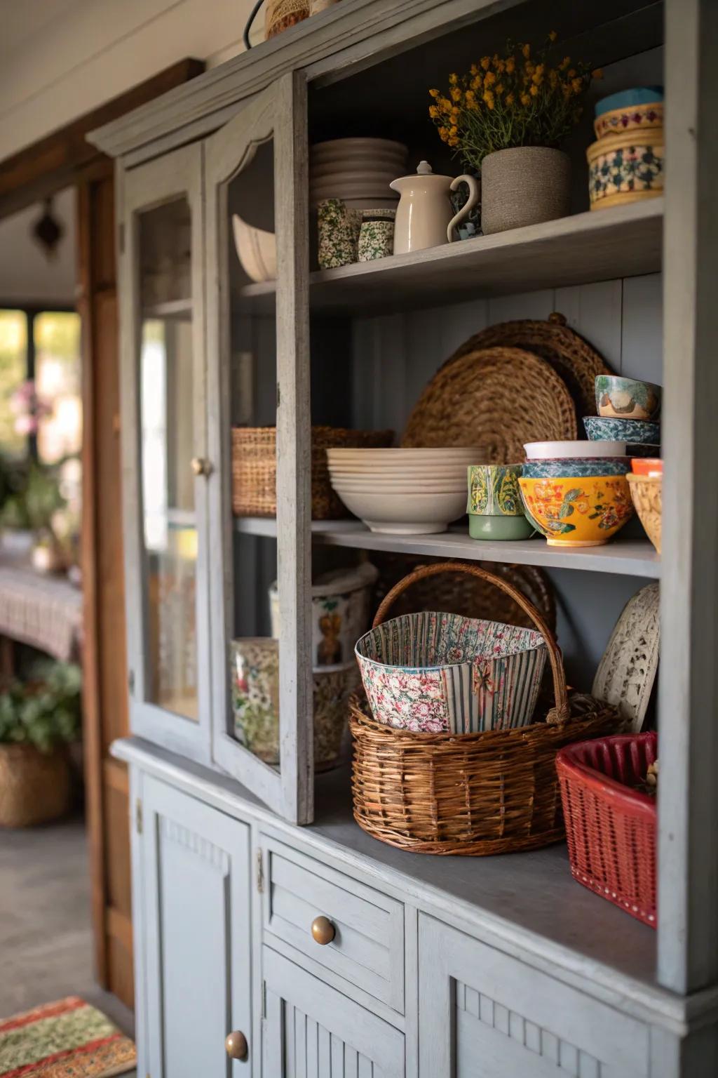 Textured accents add dimension to this cozy cabinet.
