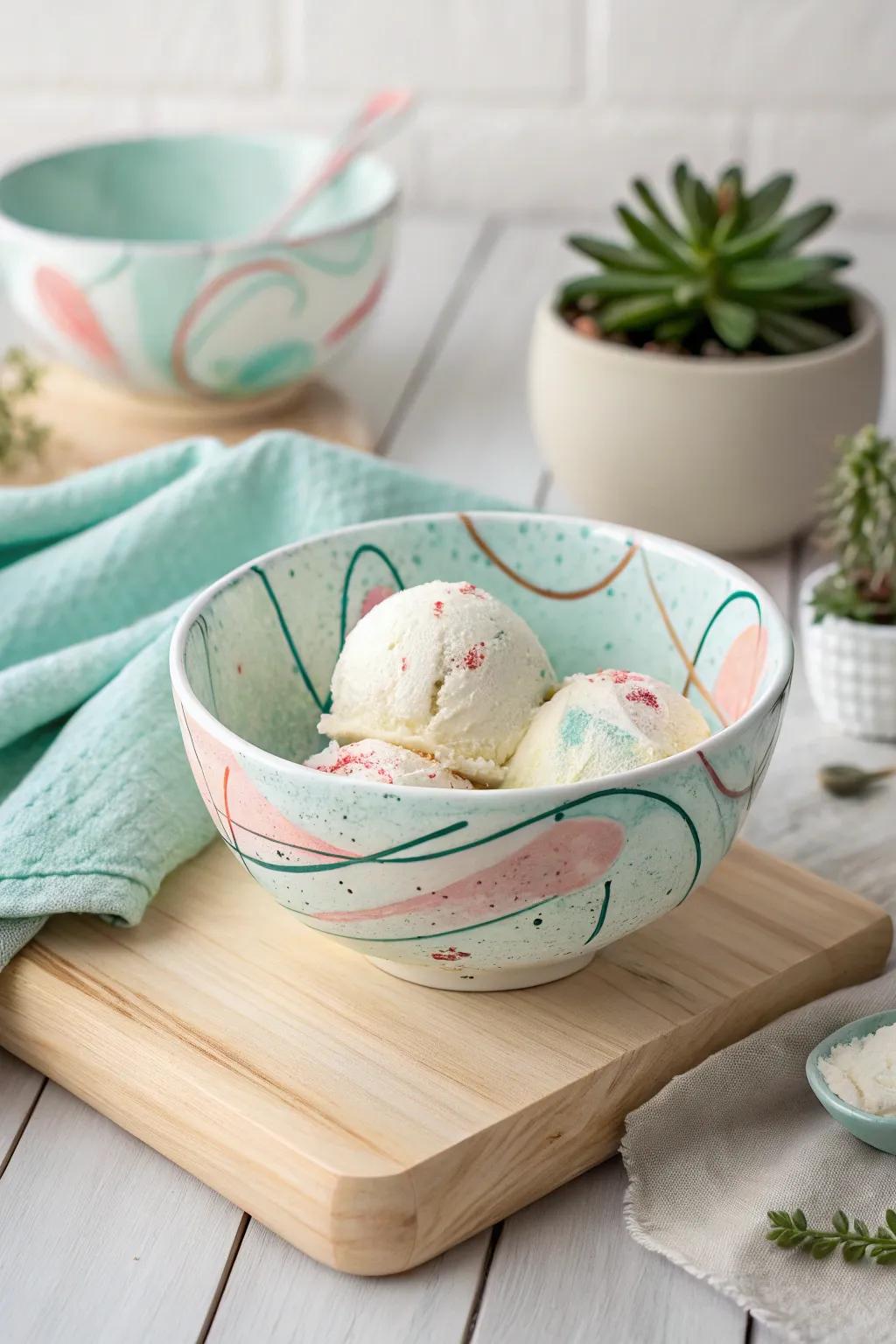 Embrace the allure of conceptual artwork with a uniquely painted frozen dessert container that introduces a hint of sophistication to your minimalist decor.