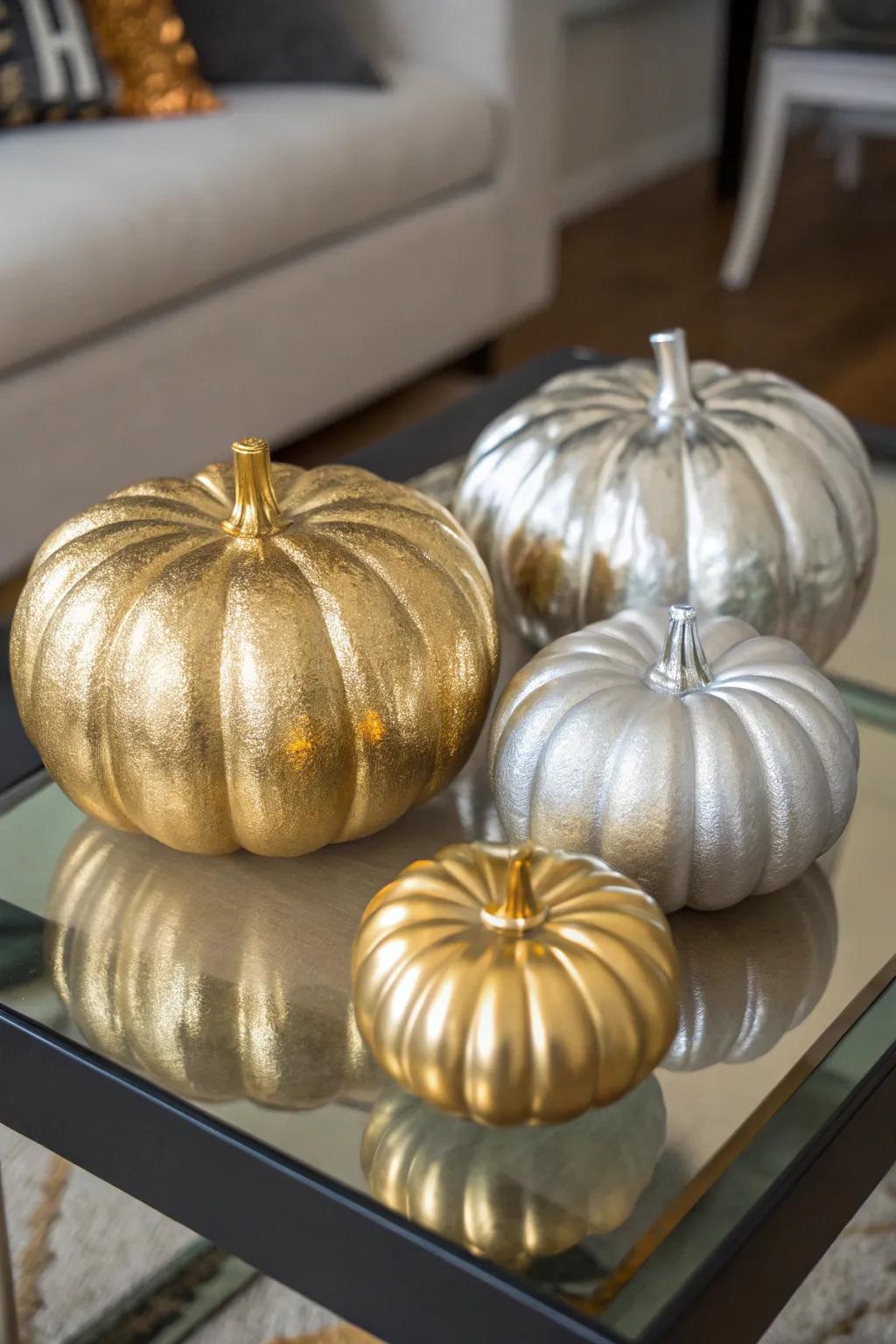 Metallic pumpkins that contribute a modern and opulent touch.