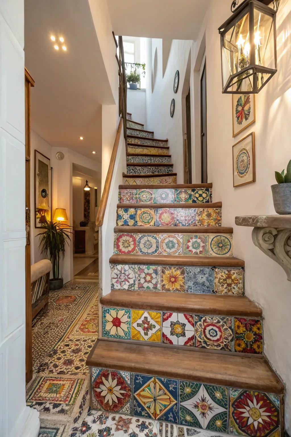 Create a statement with eclectic mosaic tile stairs.
