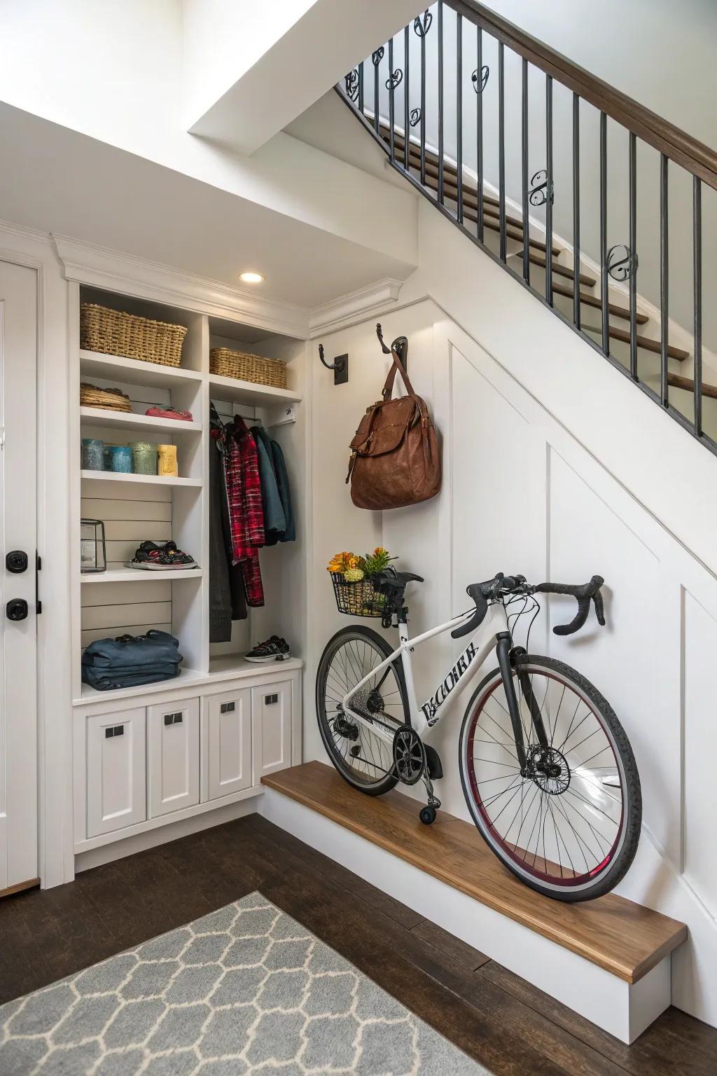 An under-stairs nook makes clever use of space for bike storage.