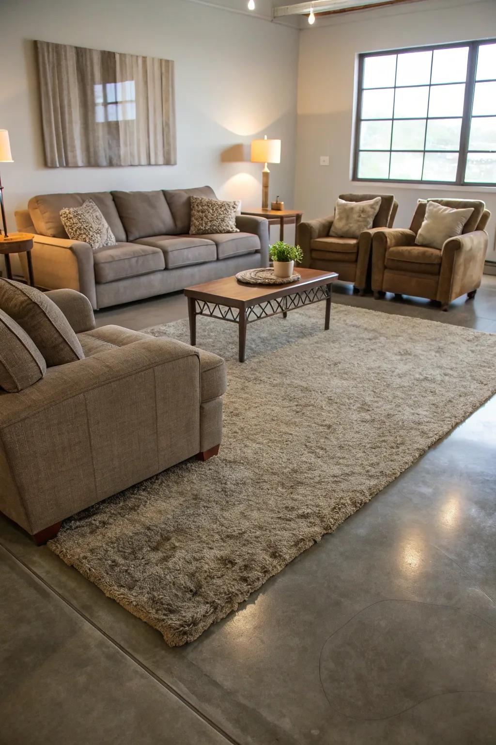 Plush rugs enhance the warmth of concrete floors.