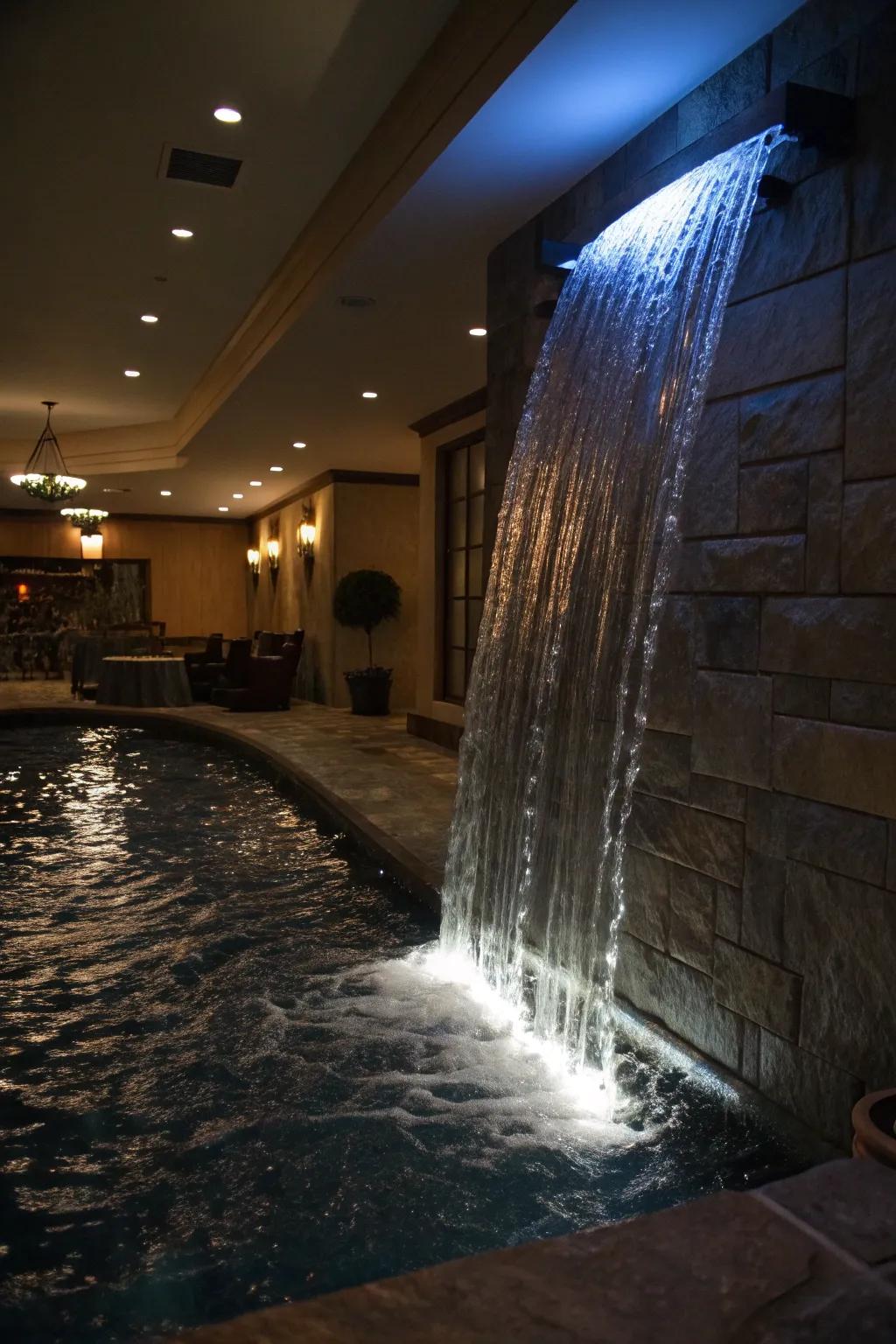 Illuminated waterfalls create a magical atmosphere at night.