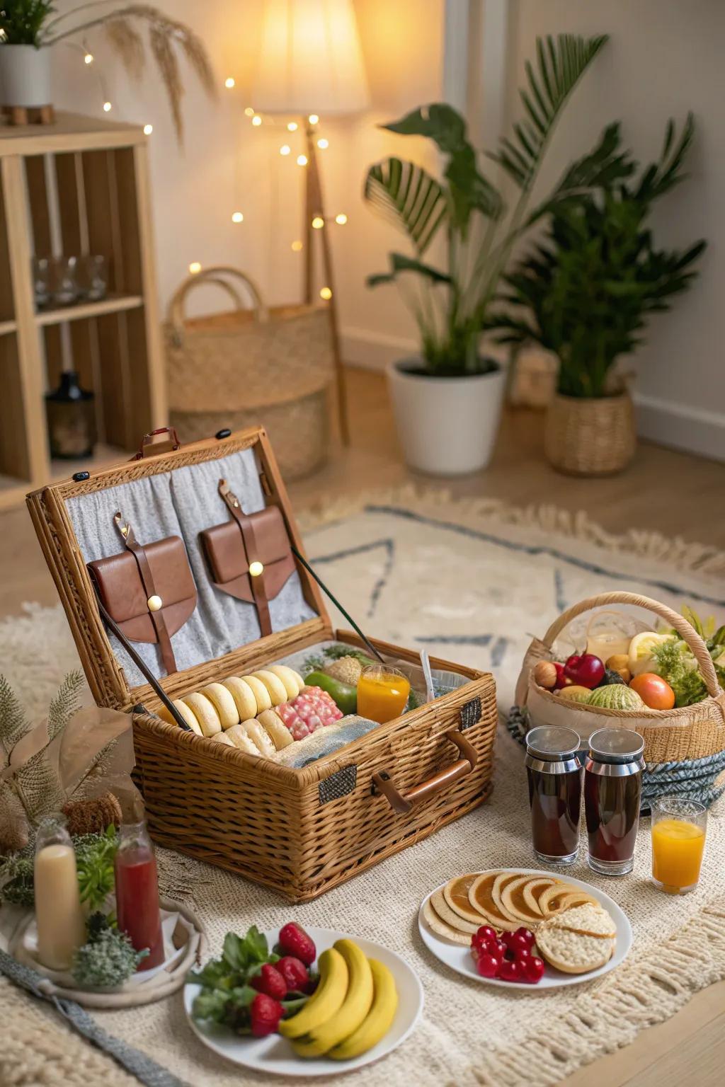 A picnic basket gives a whimsical touch to the inside picnic.