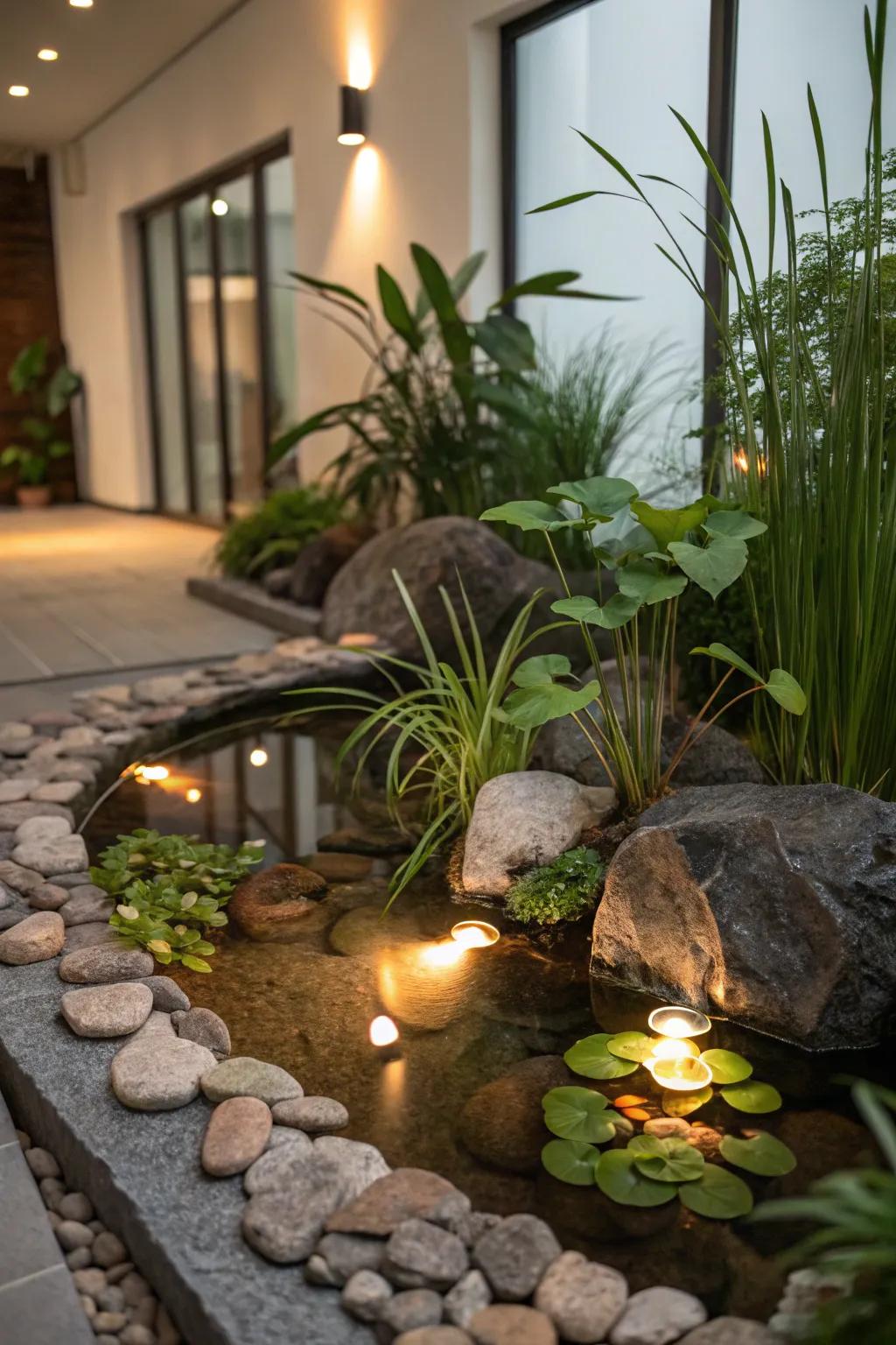 Ambient illumination enriches interior water gardens with an element of magic.