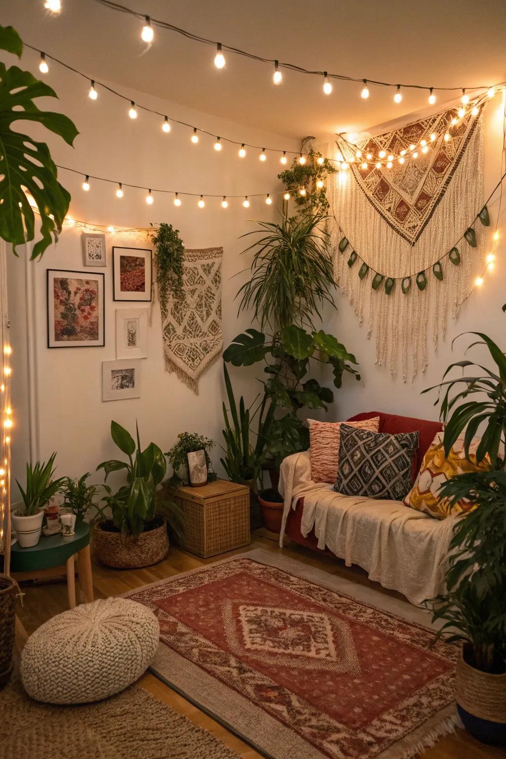 Fairy lights, plants and eclectic decor combine for a bohemian vibe.
