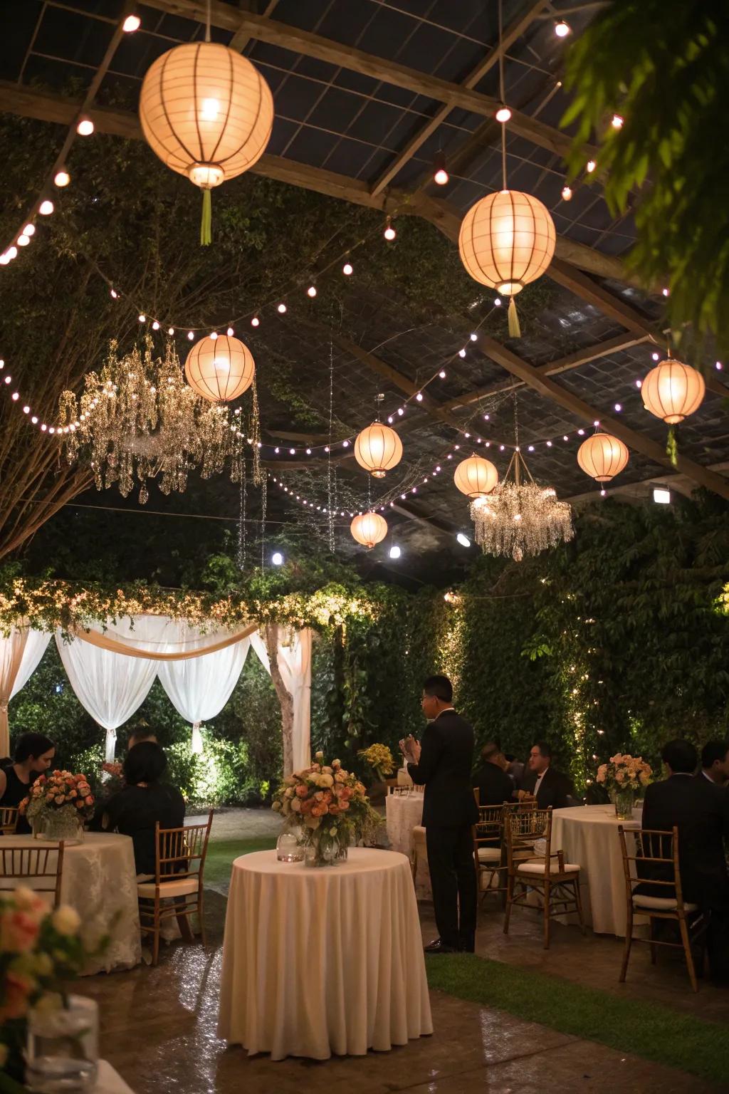 Cluster lights create a warm, cozy wedding atmosphere.