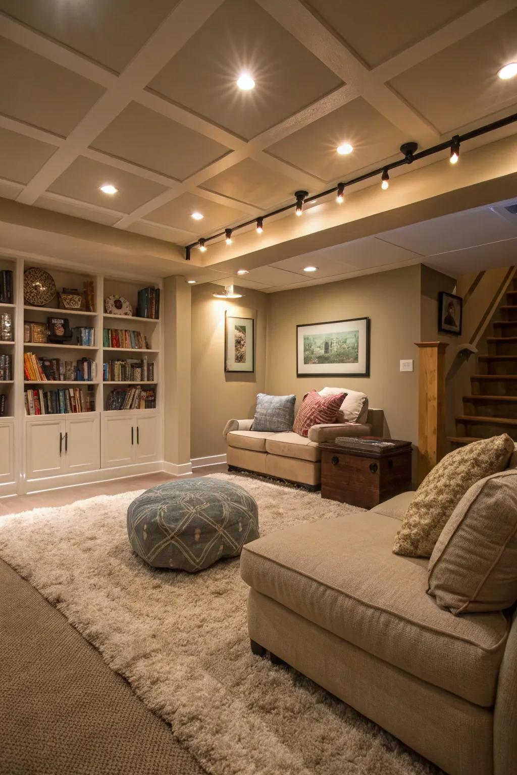 Welcoming basement sanctuary illuminated by LED panel lighting
