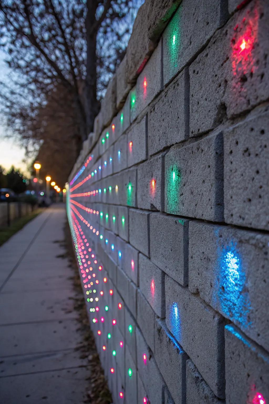 LED illumination accentuates the texture of a concrete block wall.
