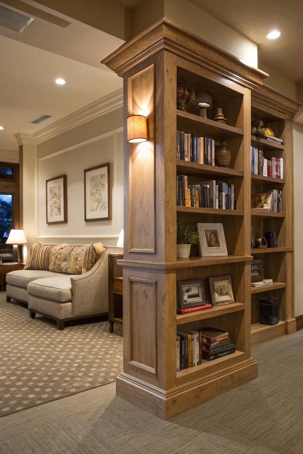 Shelves on columns add design and storage.