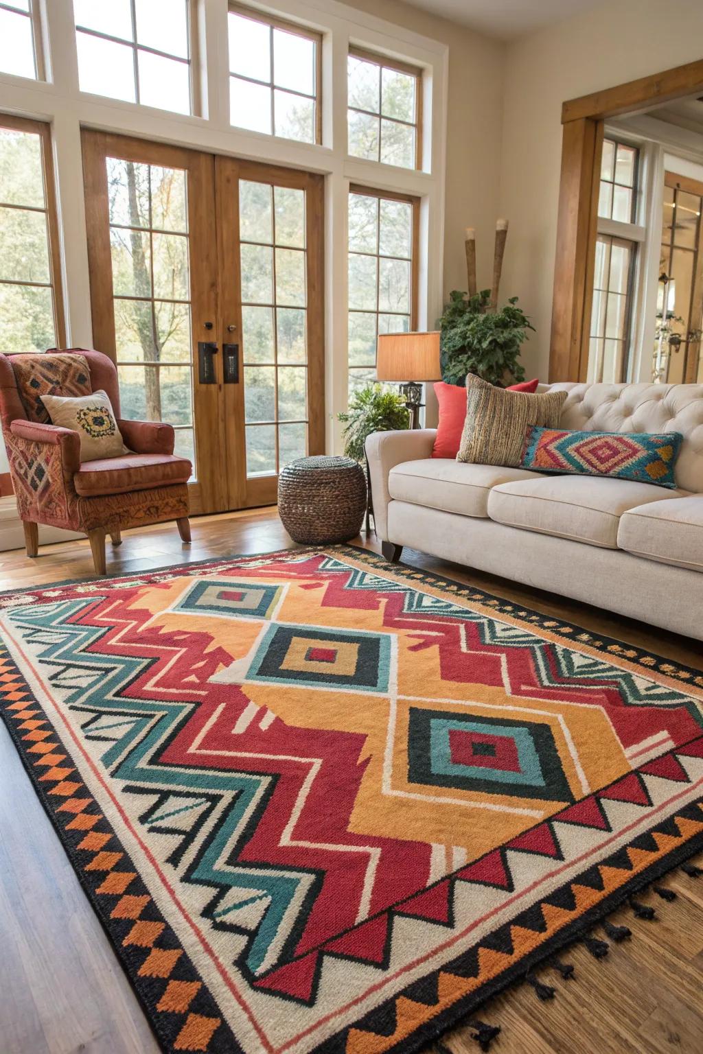 A focal point carpet completes the style of the living space.