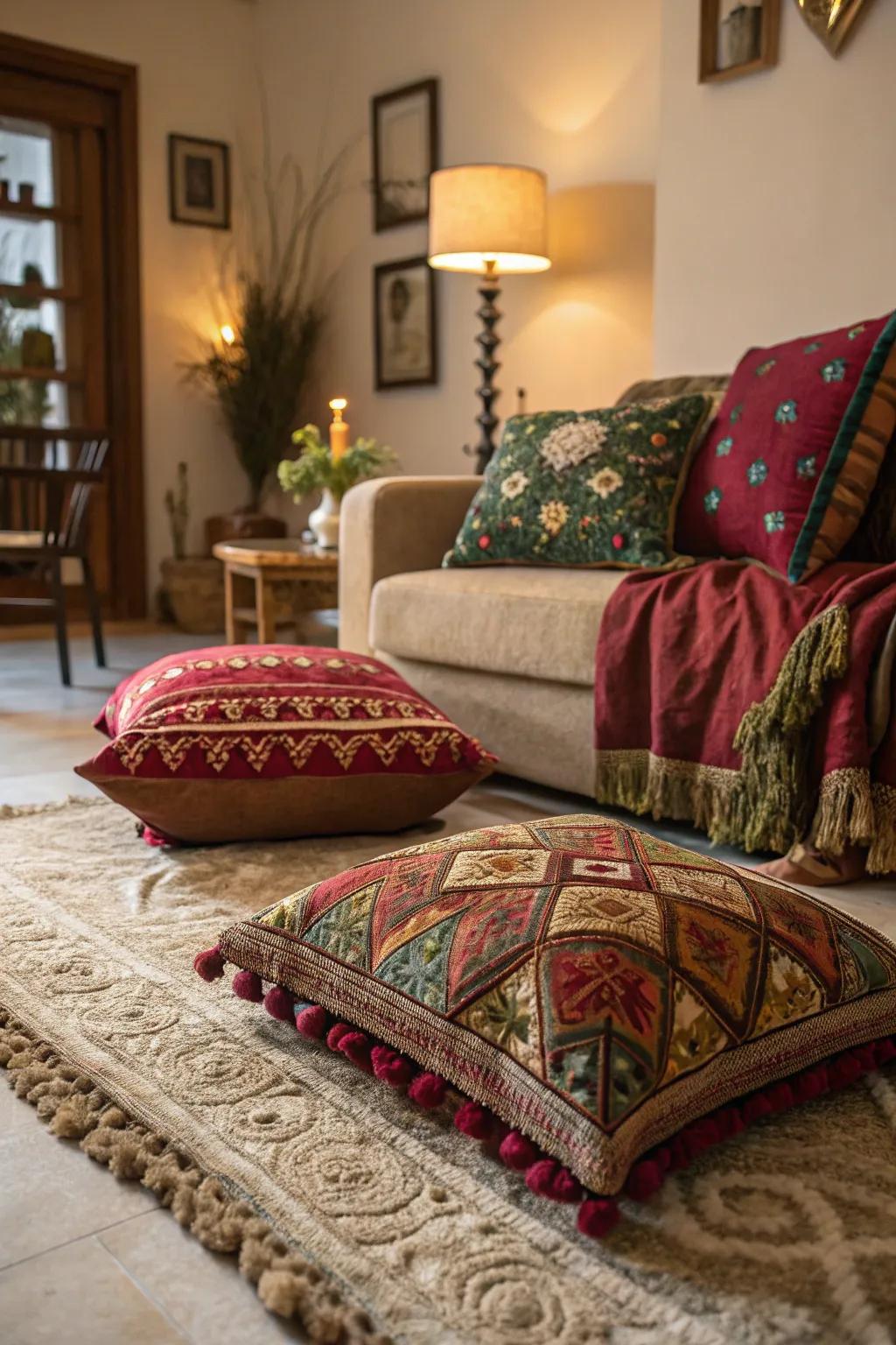 Rich textiles and opulent rugs contribute luxury and warmth.