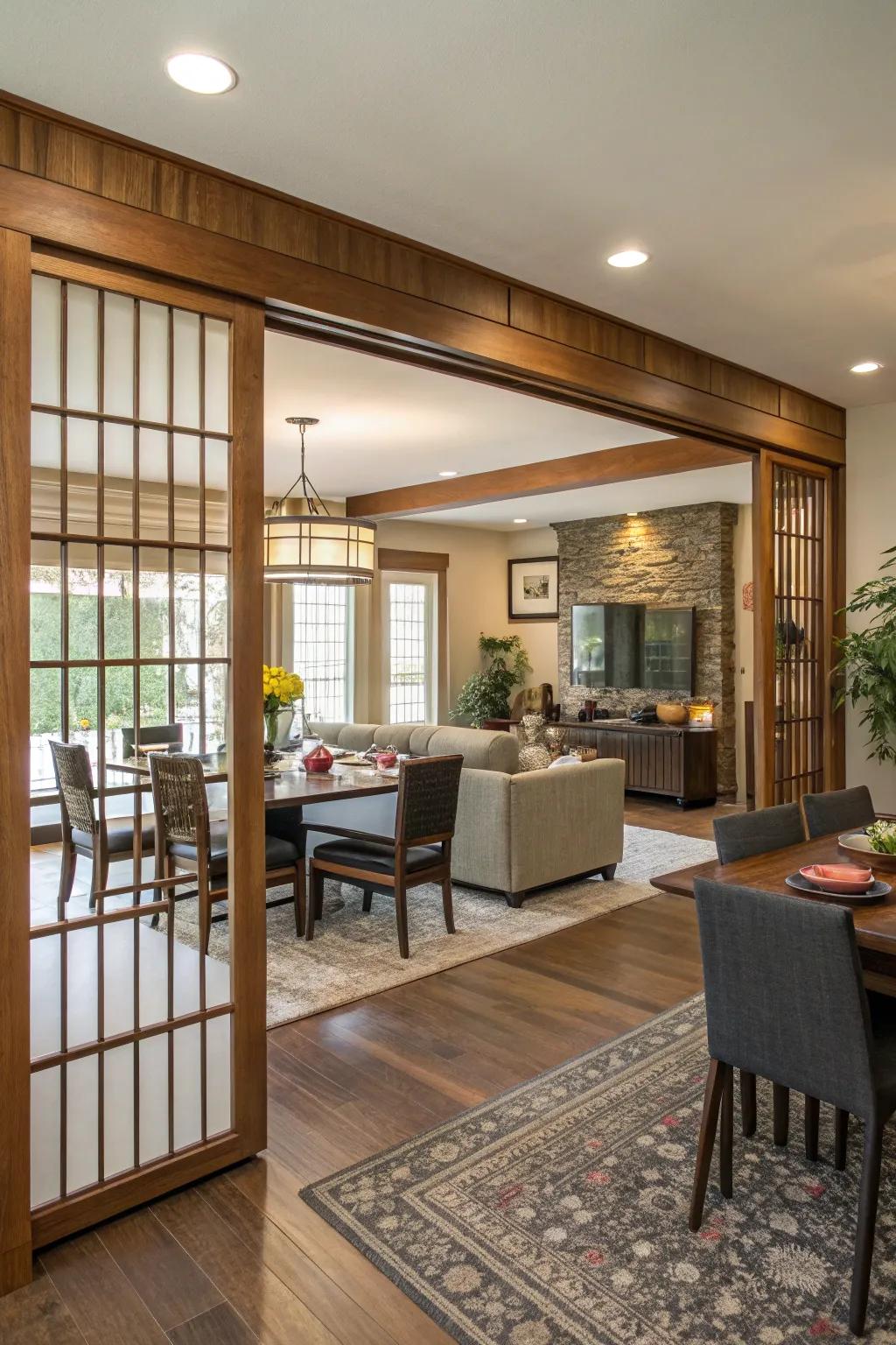An open-concept space featuring a trimmed divider to create distinct zones.