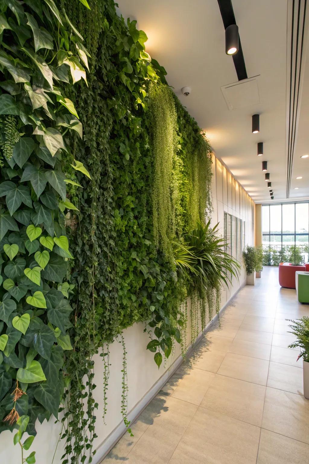 A vertical garden wall featuring lush ivy and trailing plants for a garden-like ambiance.