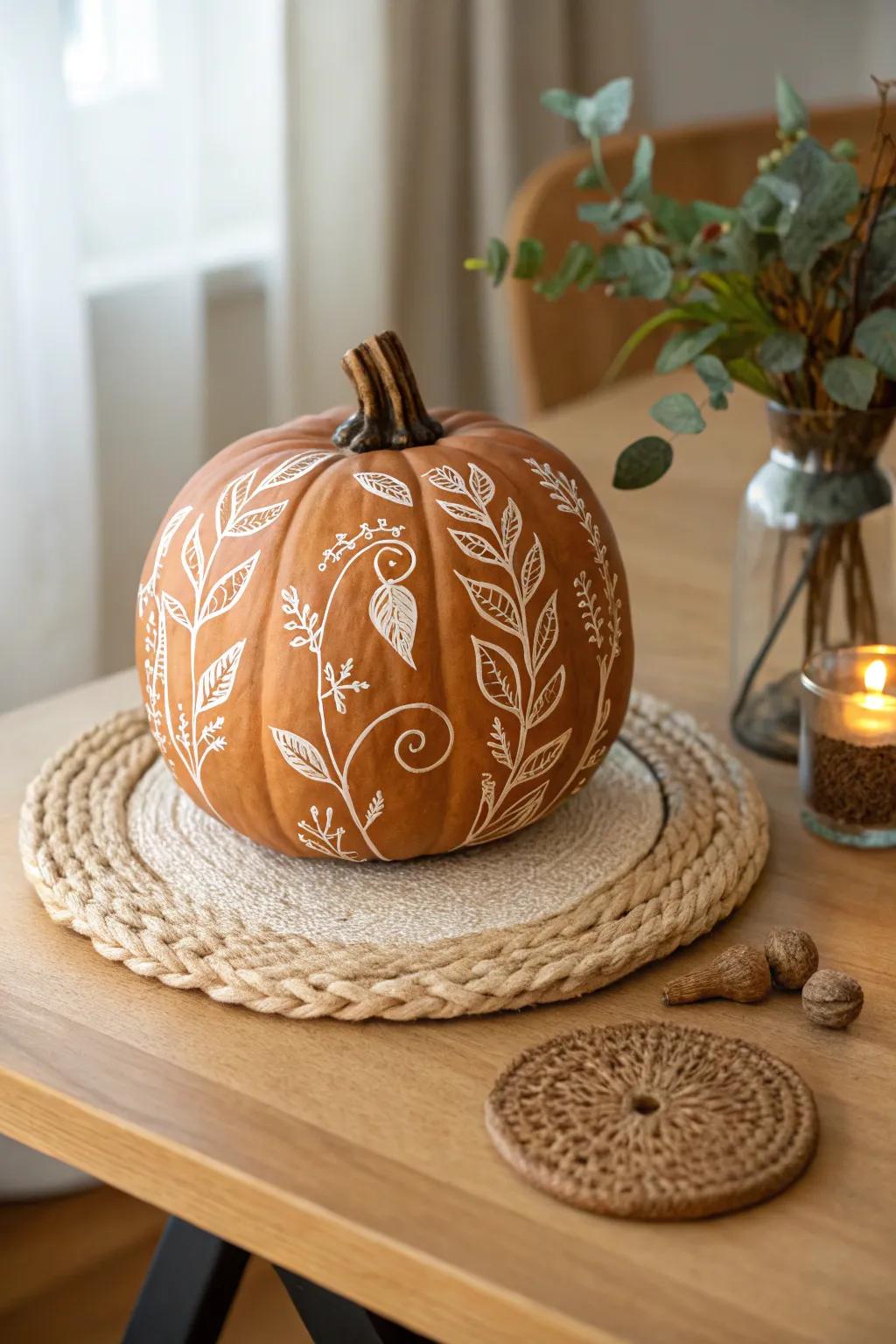 Enhance your autumn decor with a natural touch: flawlessly engraved plant-inspired pumpkin!