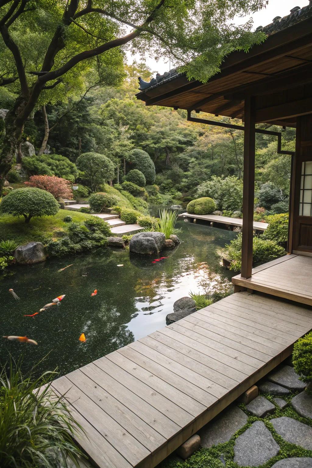 A wooden deck furnishing a tranquil viewing vantage in a Japanese garden.