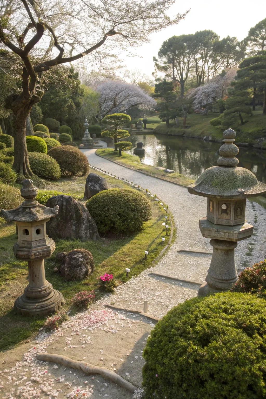 Rock sculptures and decorations in a Japanese garden.