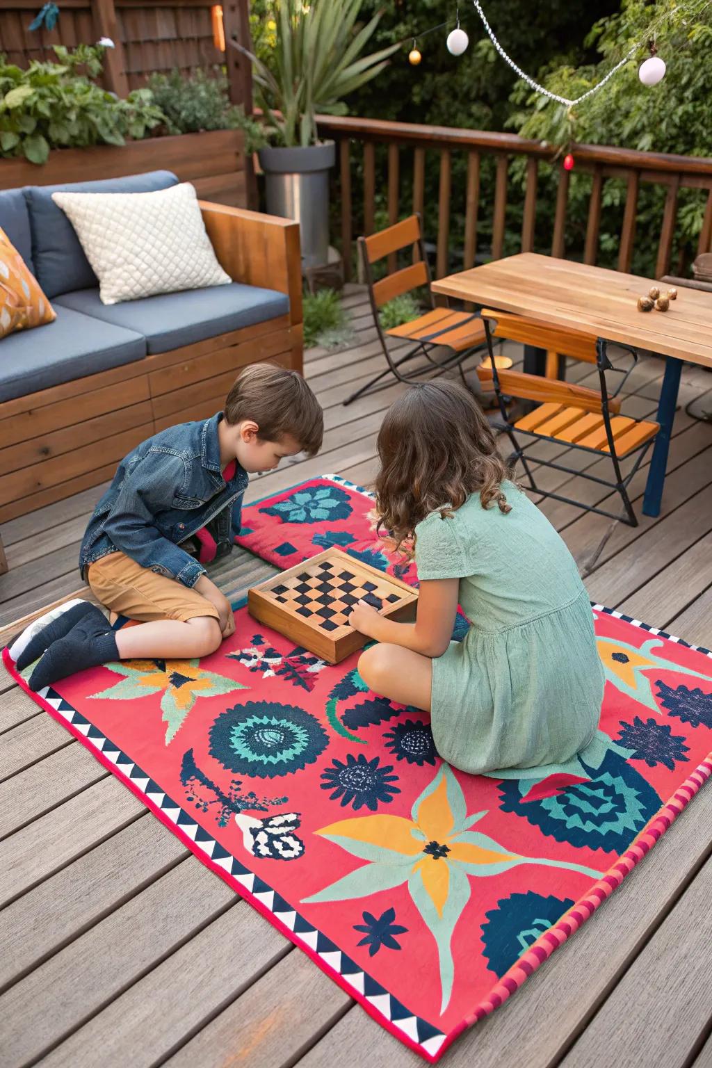 A deck featuring a bright outdoor textile where children are playing board games.
