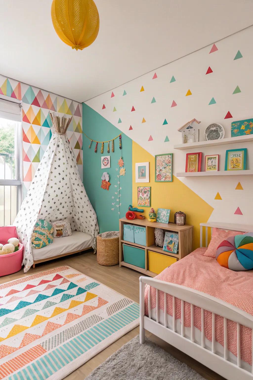 A vibrant feature wall incorporating personality within the room.