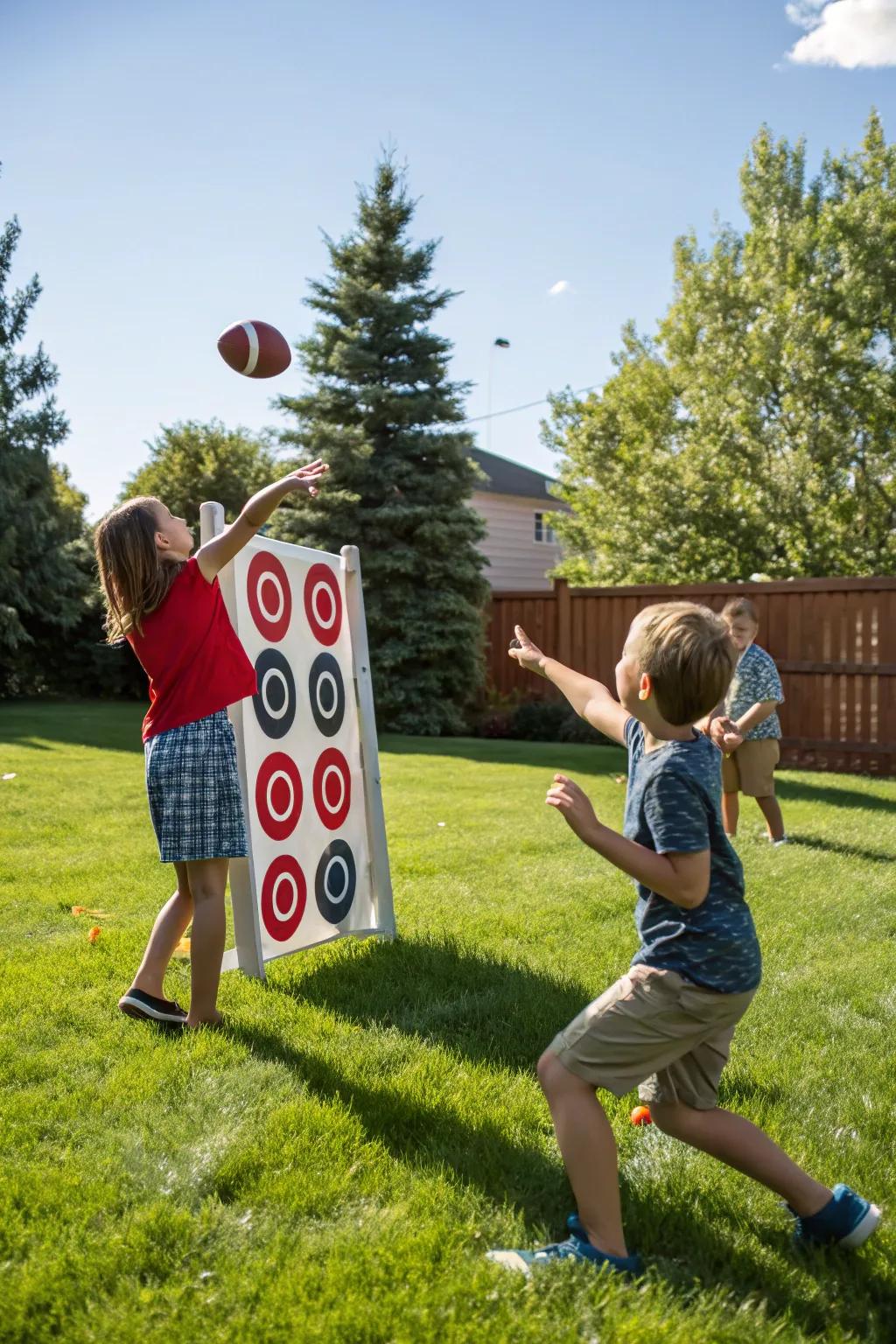 Kids enjoying a football throwing match in the yard.