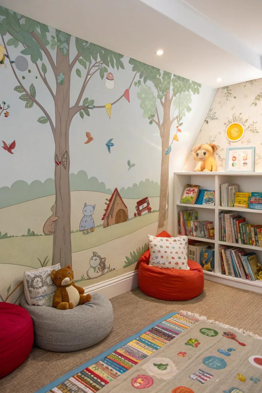A cozy reading nook in a playroom, enhanced by story-themed wall covering.