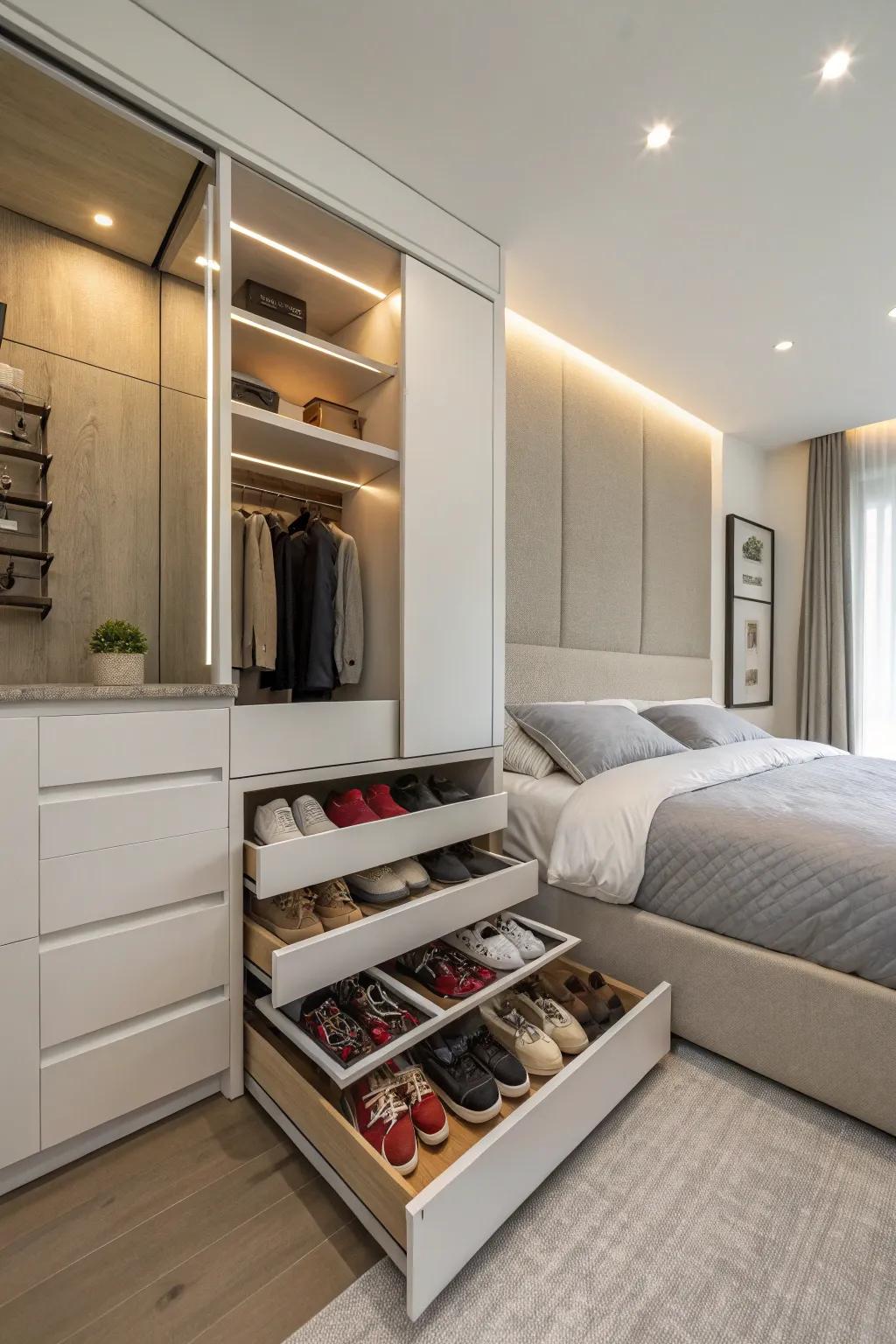 Achieve a tidy look with sleek shoe drawers.