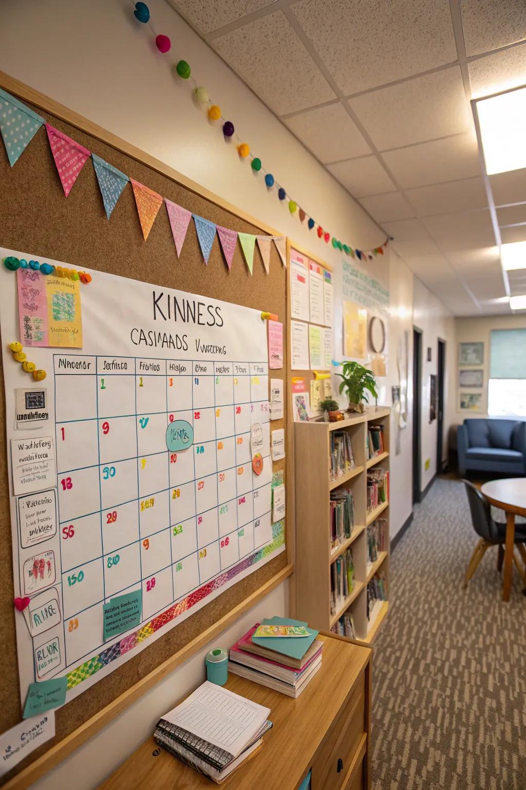 A study room showcases a kindness event schedule featuring daily prompts and vibrant decorations.