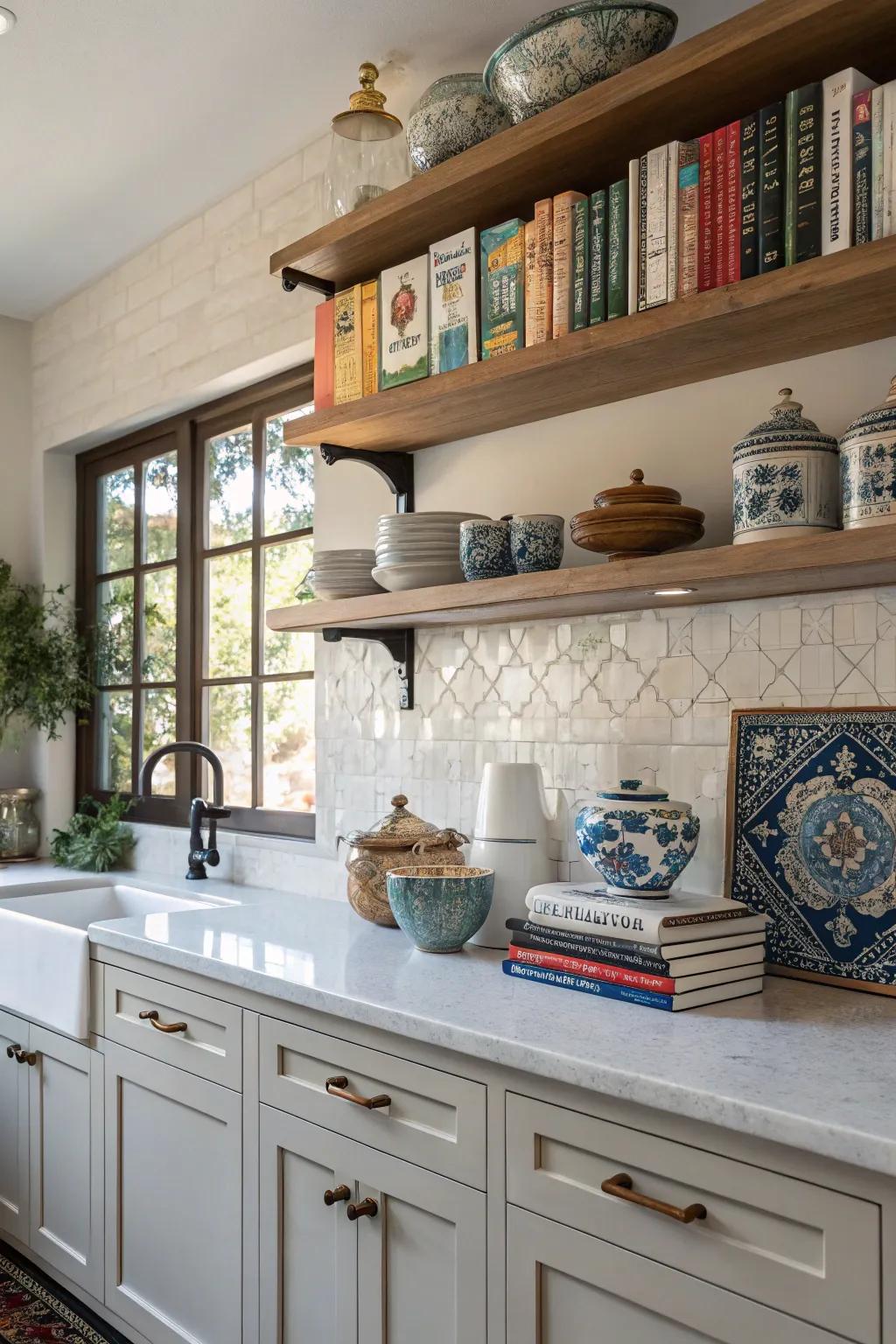 Ledge shelves provide a chic way to display ornamental objects.