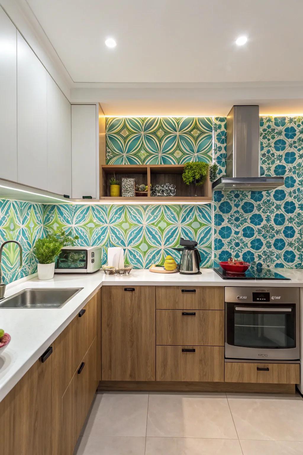 Wallpaper offers a vibrant and easily changeable kitchen backsplash.