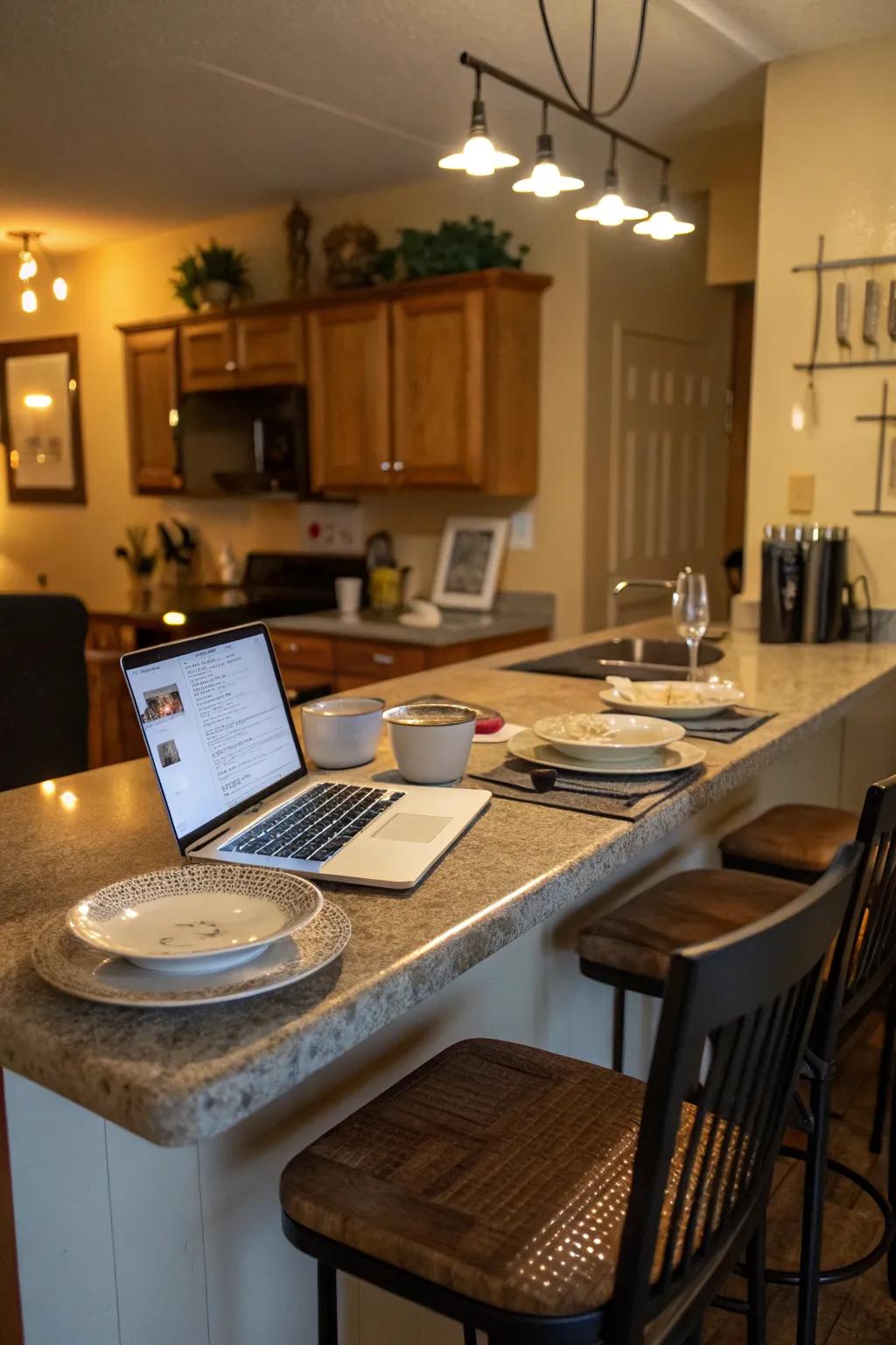 A multipurpose bar counter for dining and work.