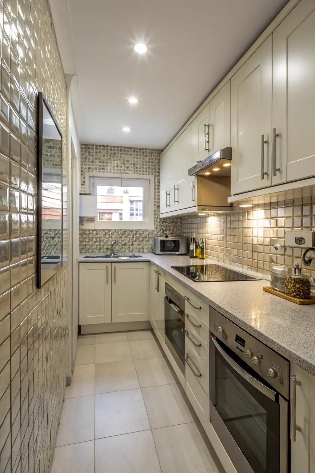 Reflective surfaces amplify the spaciousness of small kitchens.