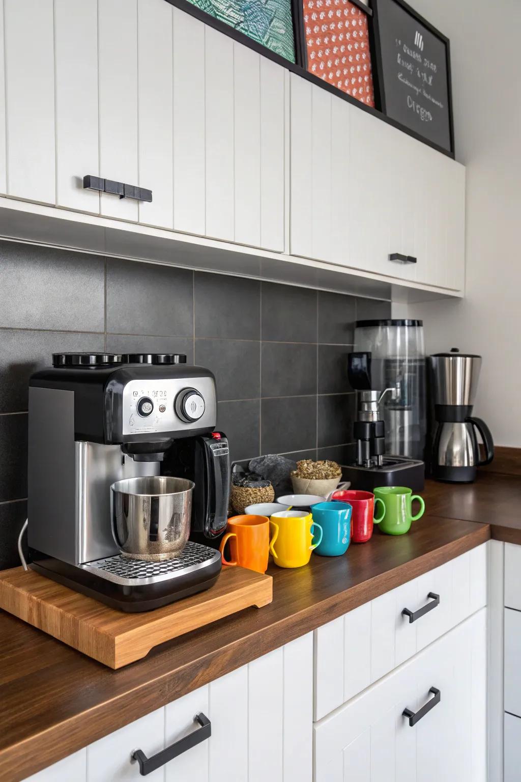 A striking coffee station using contrasting colors and materials.