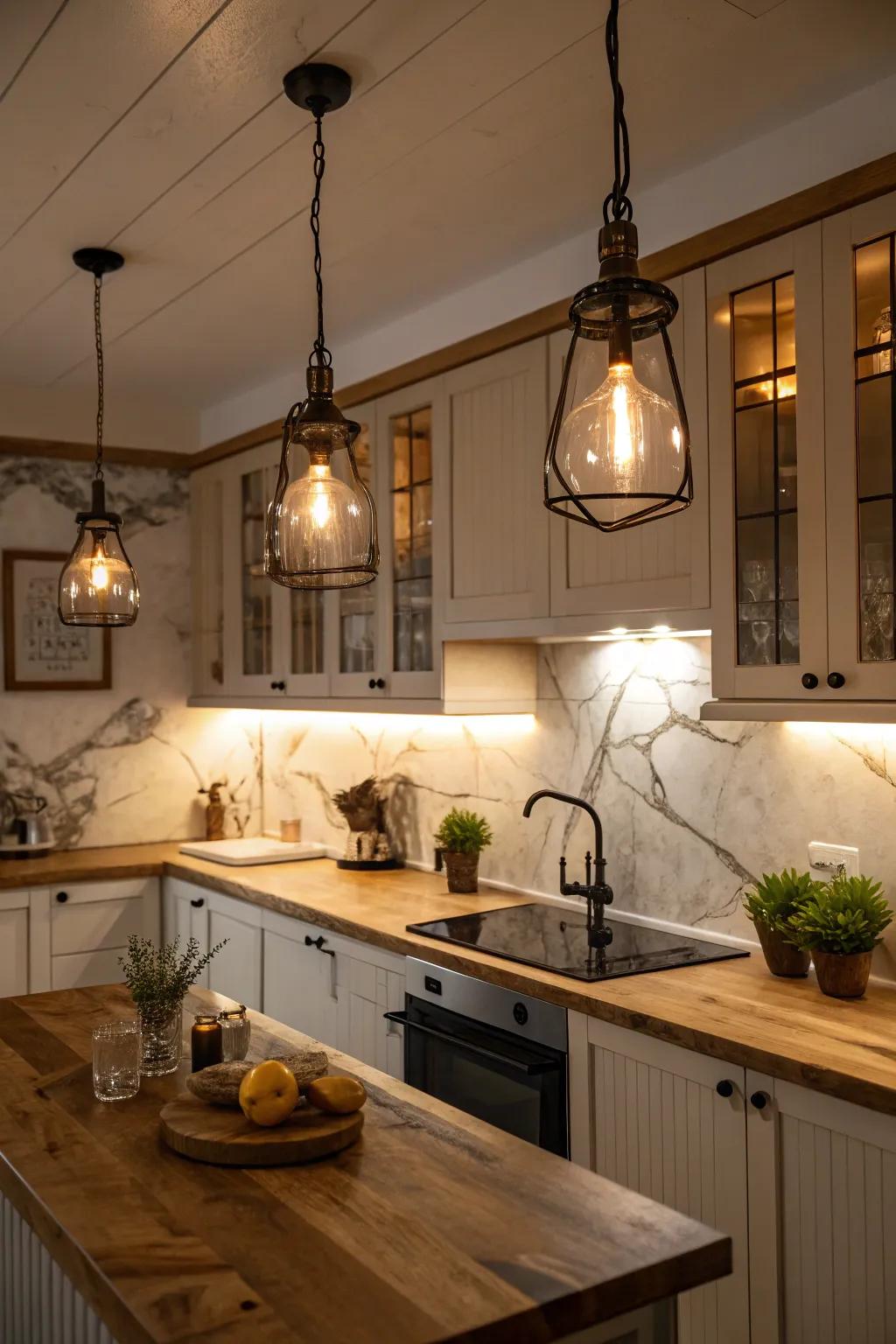Creative lighting selections can dramatically enhance your kitchen's ambiance.