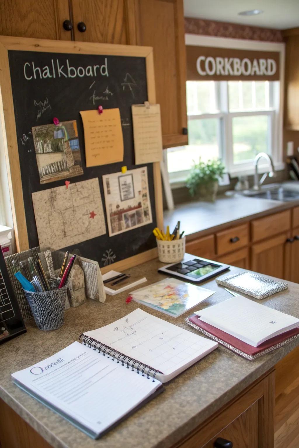 A kitchen desk showcasing a board for memos and personalization.
