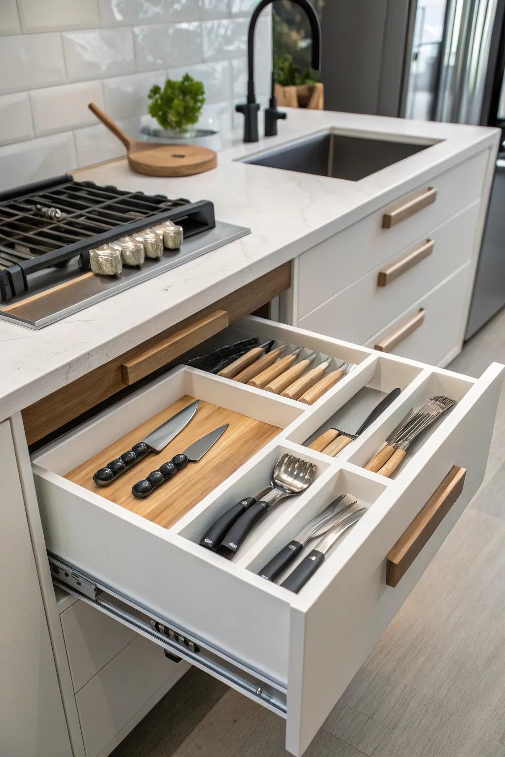 Safely store and organize your knives with a dedicated knife block drawer.