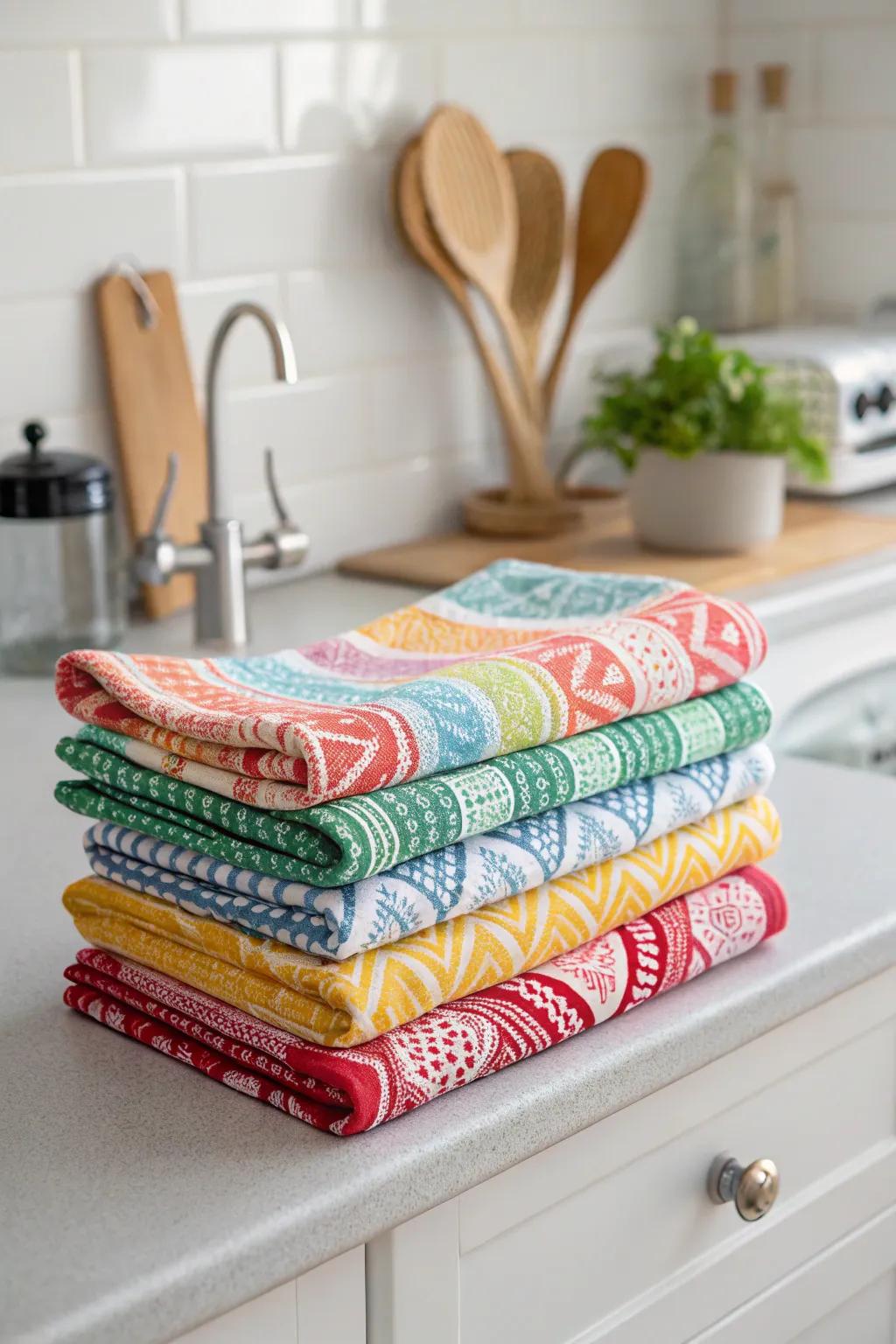 Vibrant tea towels bring a pop of color to the area.
