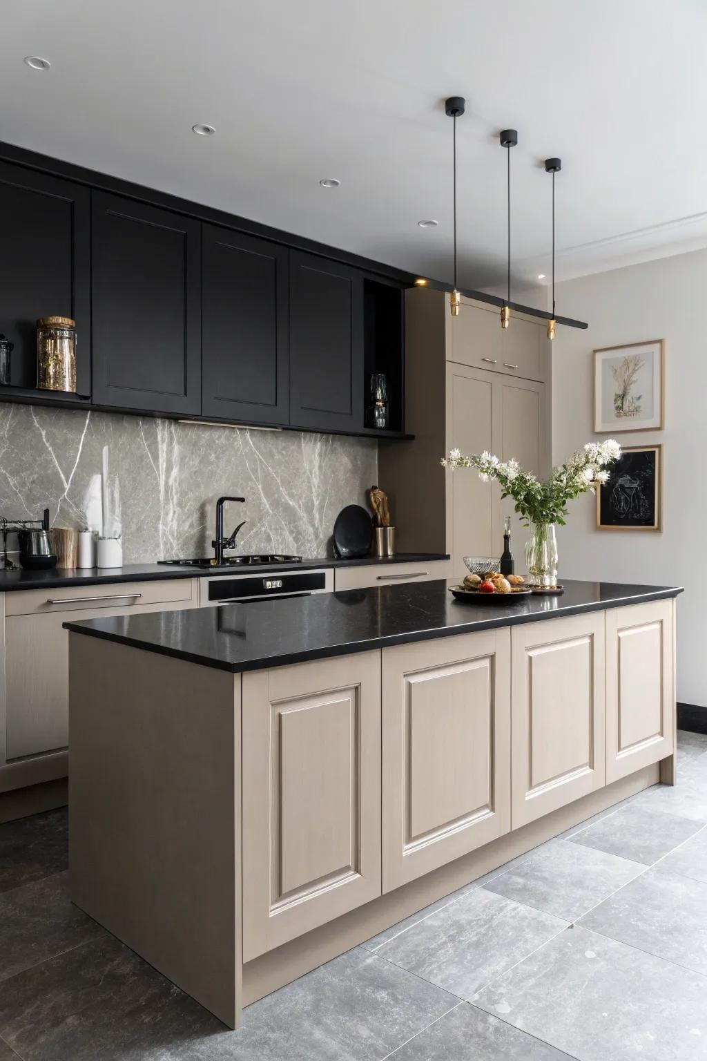 A sandstone kitchen island presents a neutral and sophisticated focal point within this minimalistic kitchen.