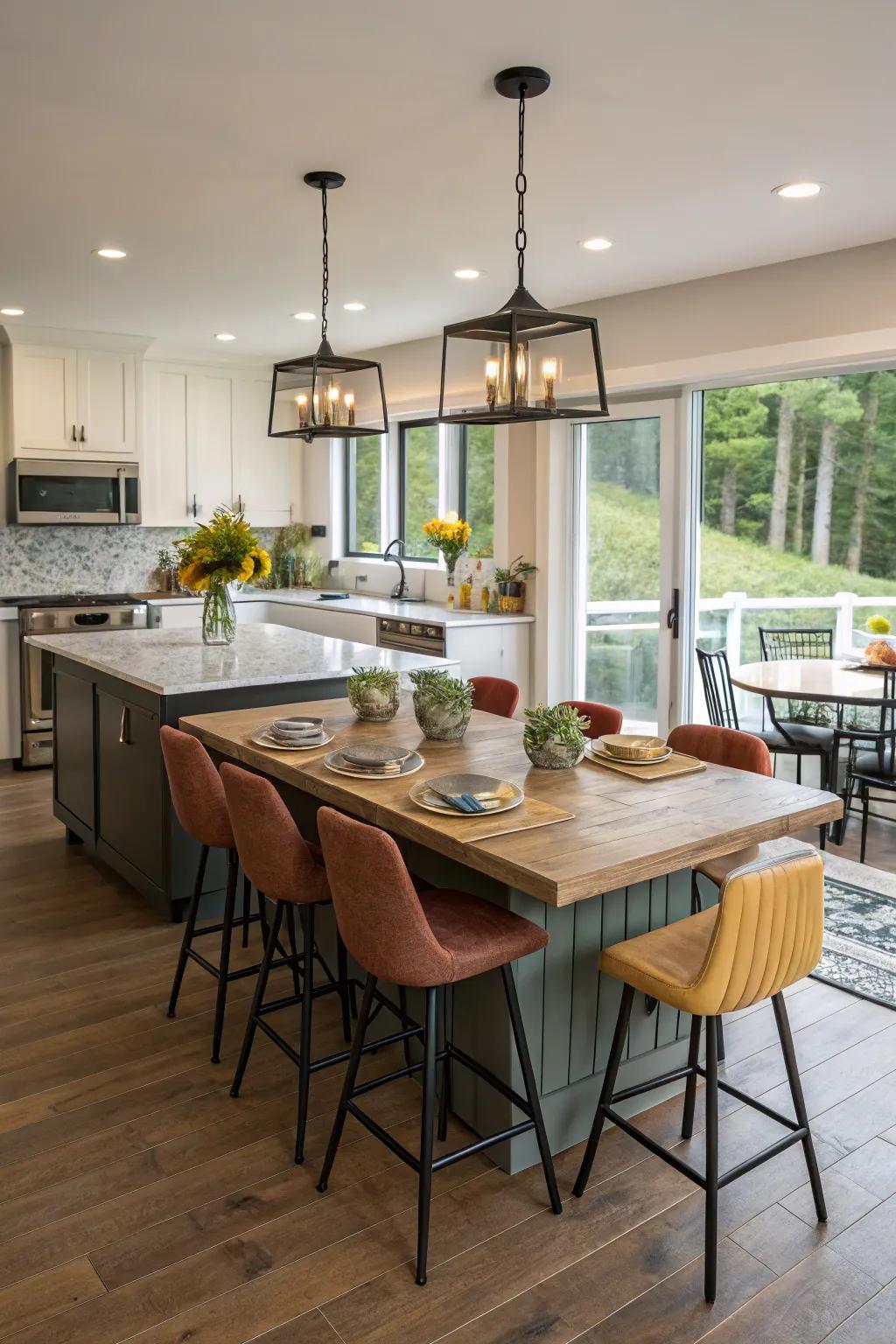 Variety in seating around a kitchen island gives it character.